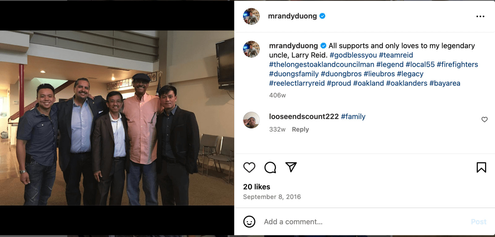 A Instagram post by Andy Duong showing five men, including Larry Reid.