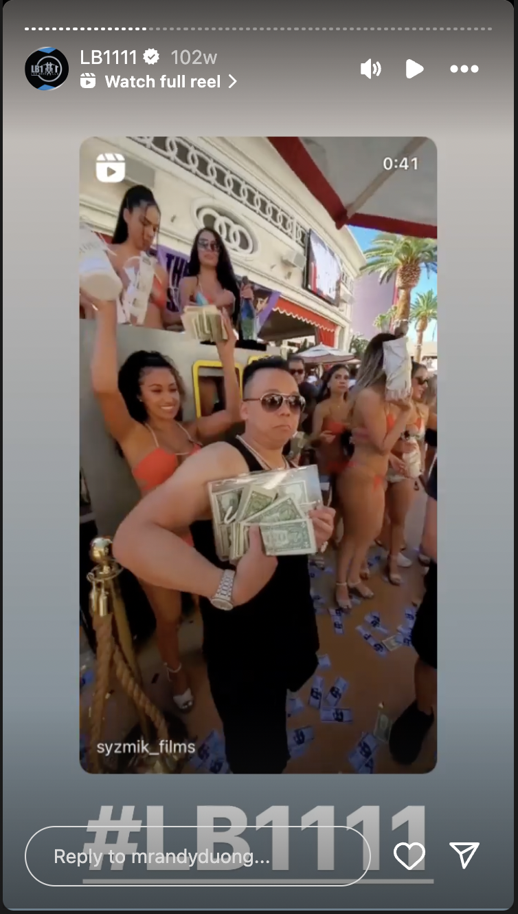 An Instagram story showing a young man holding a packet of dollar bills, with women in bikinis partying behind him.